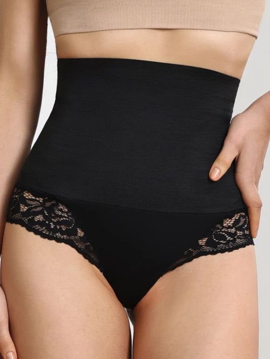 High-waisted black lace shapewear panties for women, lingerie style, closeup view