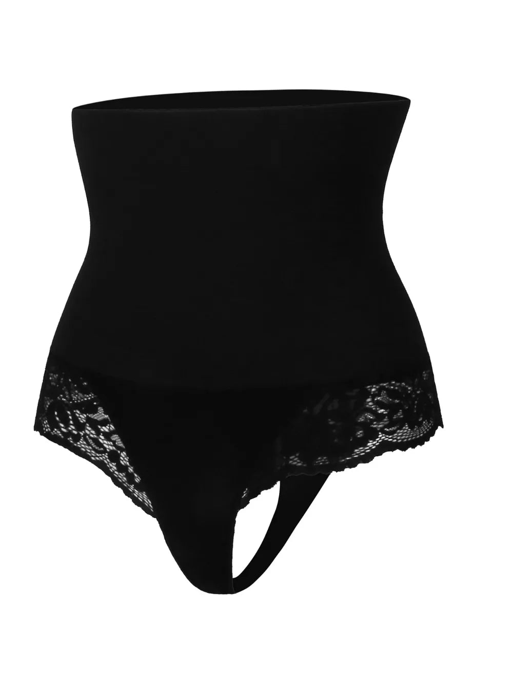 Black high-waisted shapewear panty with lace trim, women's lingerie