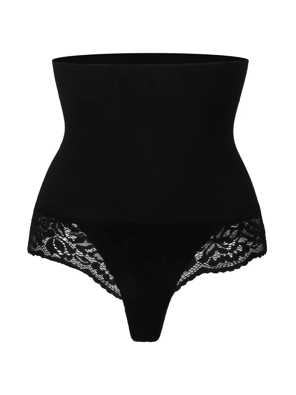 Black high waist lace trim women's shapewear panty on white background
